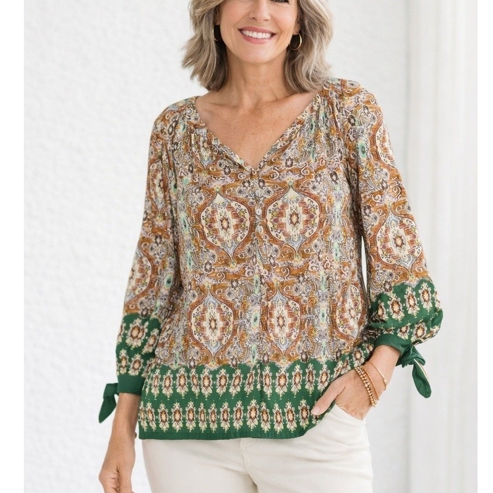 Fig and Flower Anthropologie Paisley Blouse Large Green Brown Peasant Tie Sleeve